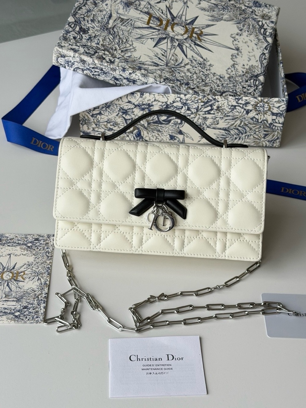 GWP Dior Cream Quilted Leather Crossbody with Black Bow and Silver Chain